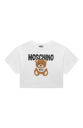 Детская укороченная футболка MOSCHINO белого цвета, арт. HDM04X/LBA10/4-8 | Фото 1 (Девочки Кросс-КТ: футболка-одежда; Рукава: Короткие; Материал внешний: Хлопок)
