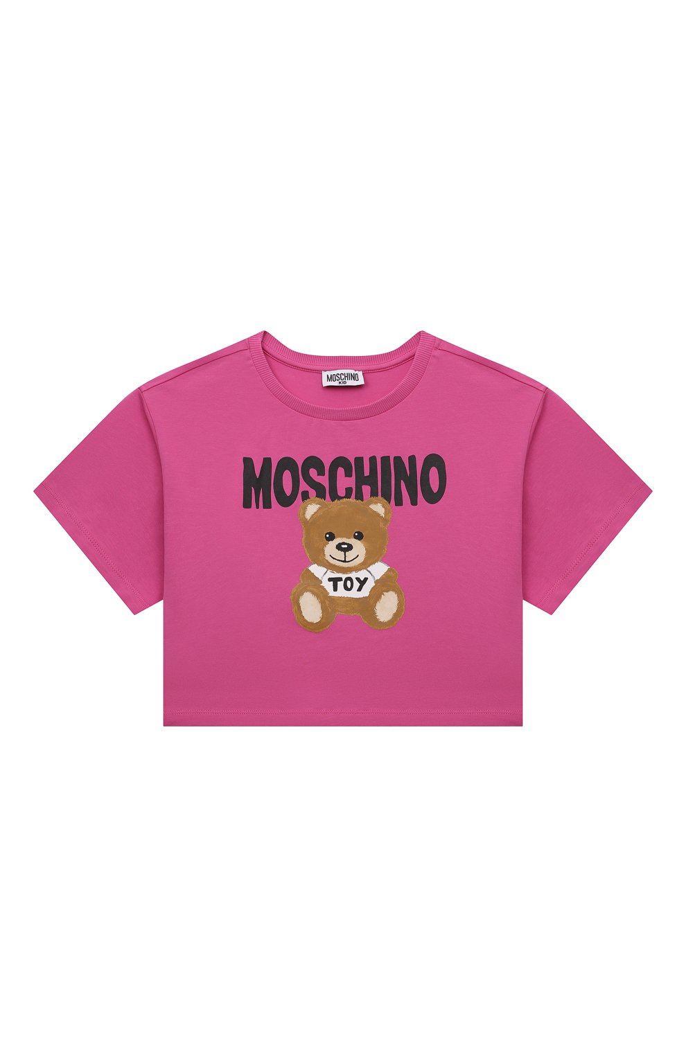 Детская укороченная футболка MOSCHINO фуксия цвета, арт. HDM04X/LBA10/4-8 | Фото 1 (Девочки Кросс-КТ: футболка-одежда; Рукава: Короткие; Материал внешний: Хлопок)