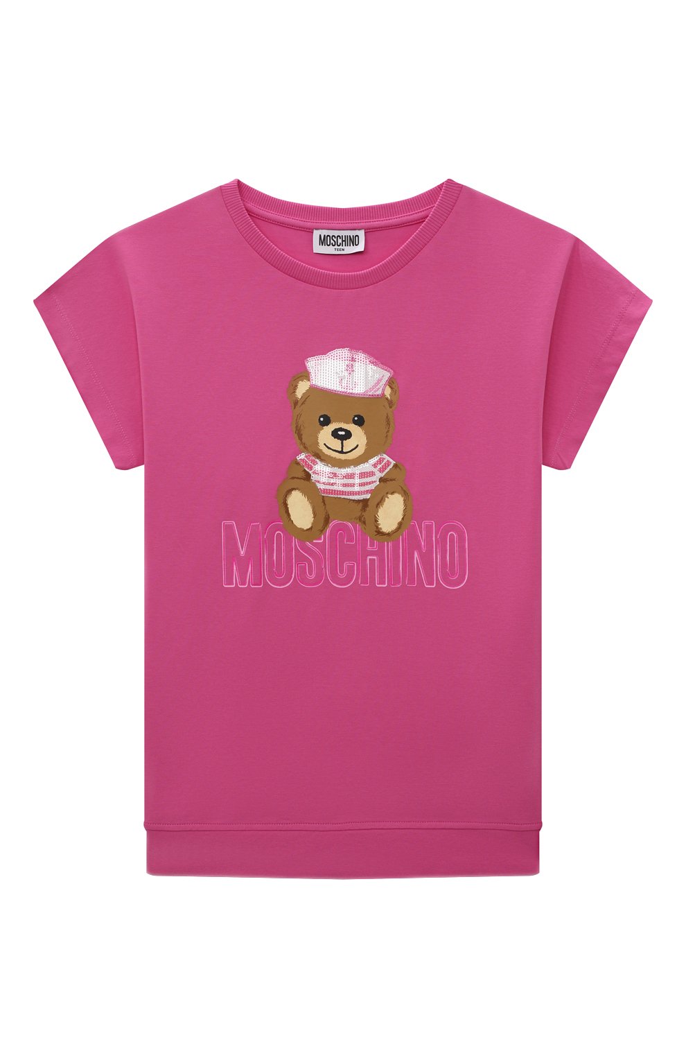 Детская хлопковая футболка MOSCHINO фуксия цвета, арт. HEM02V/LBA00/4-8 | Фото 1 (Девочки Кросс-КТ: футболка-одежда; Рукава: Короткие; Материал внешний: Хлопок)