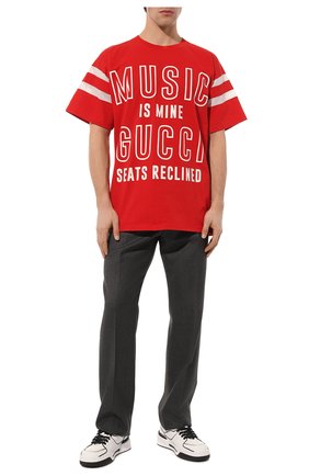 Мужская хлопковая футболка GUCCI красного цвета, арт. 655459 XJDXN | Фото 2 (Рукава: Короткие; Материал внешний: Хлопок; Длина (для топов): Удлиненные; Принт: С принтом; Стили: Спорт-шик)