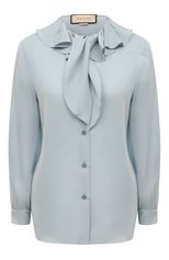 Женская шелковая блузка GUCCI голубого цвета, арт. 662332 ZAHGL | Фото 1 (Материал внешний: Шелк; Рукава: Длинные; Принт: Без принта; Длина (для топов): Стандартные; Стили: Романтичный; Женское Кросс-КТ: Блуза-одежда)