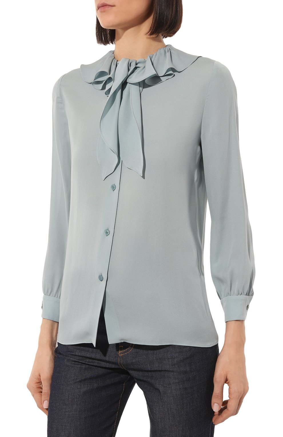 Женская шелковая блузка GUCCI голубого цвета, арт. 662332 ZAHGL | Фото 3 (Материал внешний: Шелк; Рукава: Длинные; Принт: Без принта; Длина (для топов): Стандартные; Стили: Романтичный; Женское Кросс-КТ: Блуза-одежда)