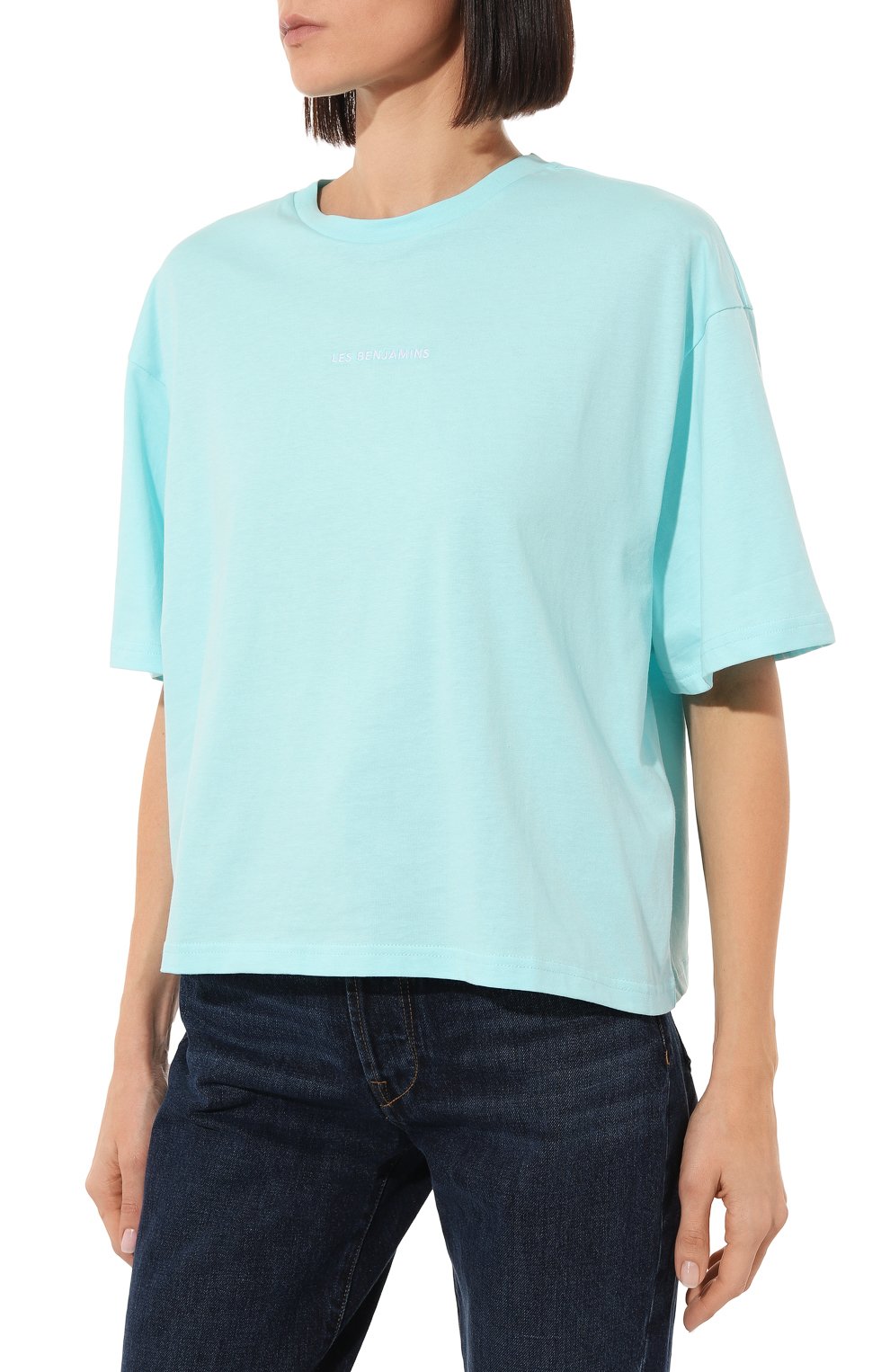 Женская хлопковая футболка LES BENJAMINS голубого цвета, арт. LB22FWESSFU0T-305 | Фото 3 (Принт: Без принта; Длина (для топов): Стандартные; Материал внешний: Хлопок; Стили: Спорт-шик; Женское Кросс-КТ: Футболка-одежда; Рукава: 3/4)
