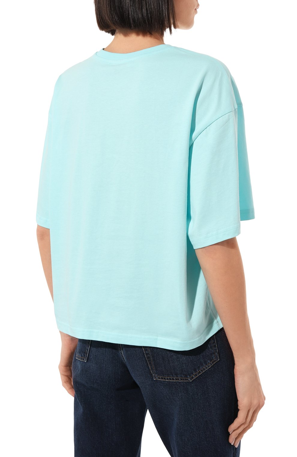 Женская хлопковая футболка LES BENJAMINS голубого цвета, арт. LB22FWESSFU0T-305 | Фото 4 (Принт: Без принта; Длина (для топов): Стандартные; Материал внешний: Хлопок; Стили: Спорт-шик; Женское Кросс-КТ: Футболка-одежда; Рукава: 3/4)