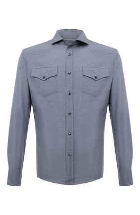 Мужская хлопковая рубашка BRUNELLO CUCINELLI голубого цвета, арт. MG6714008 | Фото 1 (Материал внешний: Хлопок; Рукава: Длинные; Длина (для топов): Стандартные)
