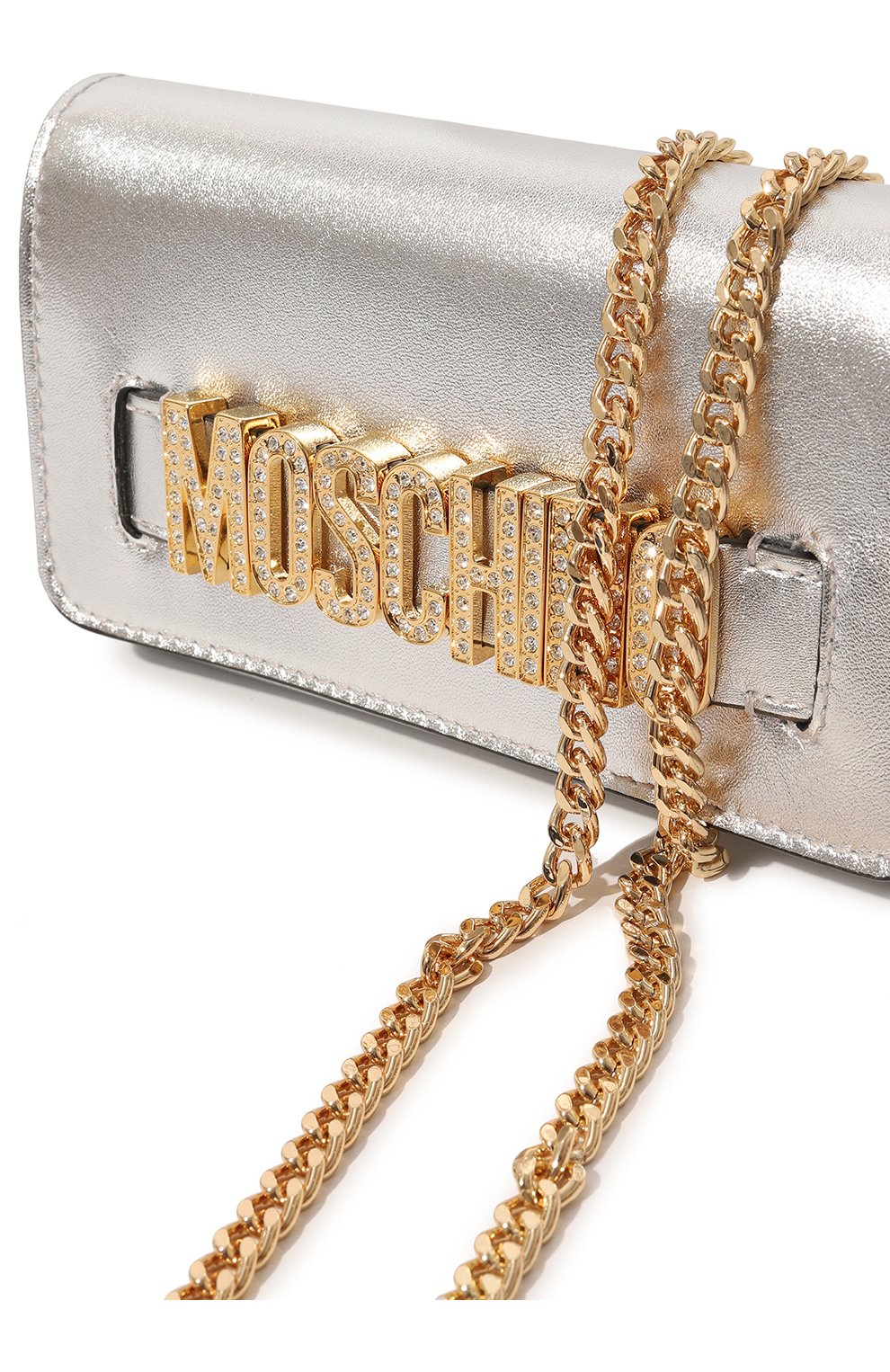 Женская сумка MOSCHINO серебряного цвета, арт. 2317 A8130/8011 | Фото 3 (Сумки-технические: Сумки через плечо; Материал: Натуральная кожа; Размер: mini; Ремень/цепочка: На ремешке)