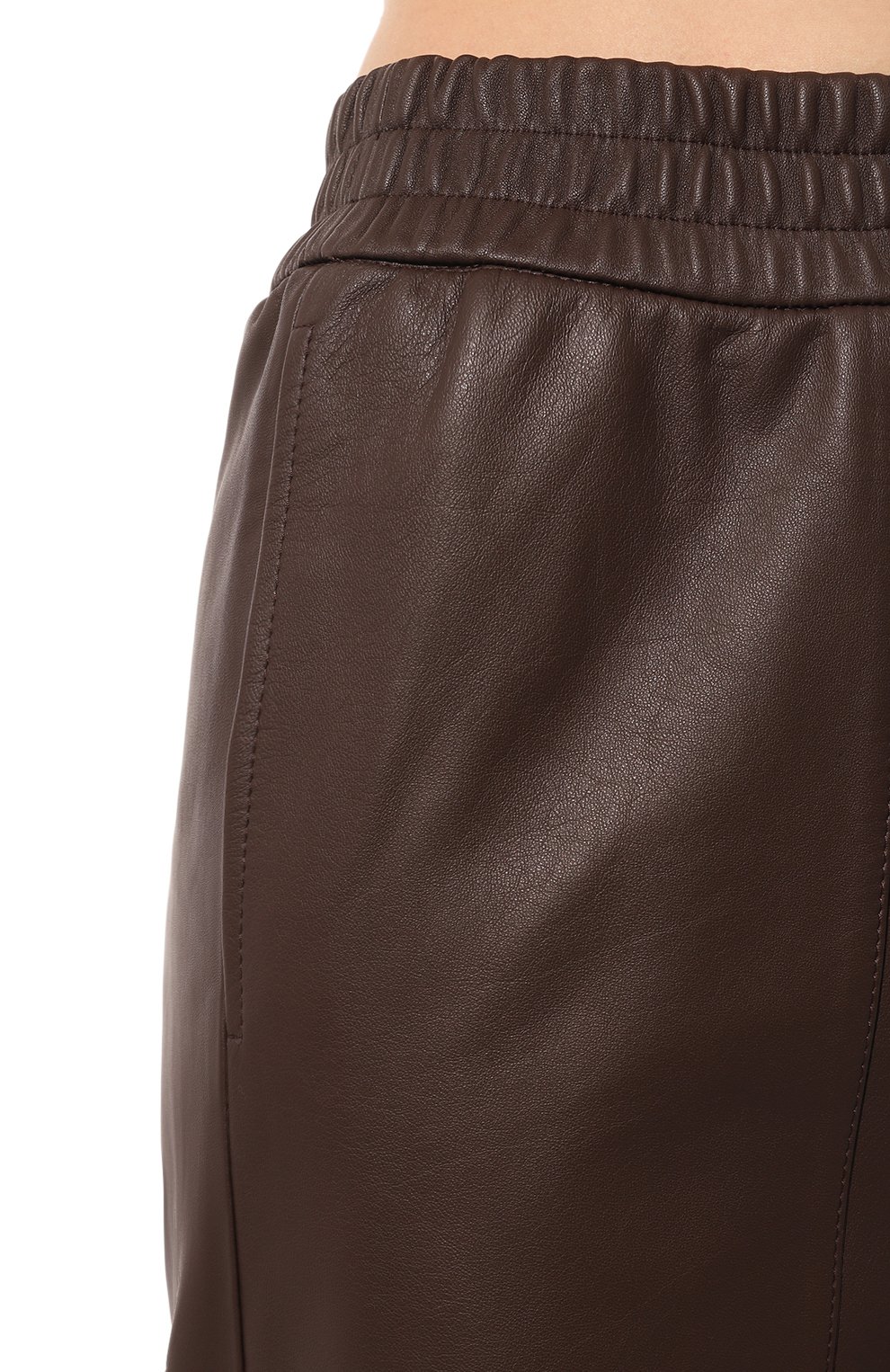 Женские кожаные джоггеры SIMONETTA RAVIZZA темно-коричневого цвета, арт. PS34L1 | Фото 5 (Длина (брюки, джинсы): Стандартные; Силуэт Ж (брюки и джинсы): Джоггеры; Женское Кросс-КТ: Джоггеры - брюки; Стили: Спорт-шик; Материал подклада: Синтетический материал; Материал внешний: Натуральная кожа)