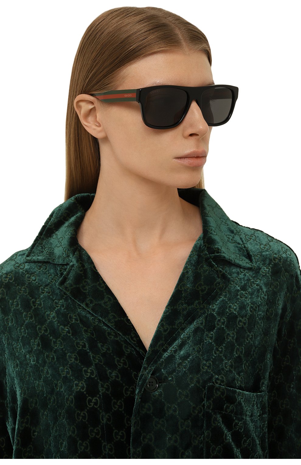 Женские солнцезащитные очки GUCCI черного цвета, арт. 519163 J0070 | Фото 2 (Материал: Пластик; Тип очков: С/з; Оптика Гендер: оптика-женское; Очки форма: Прямоугольные)