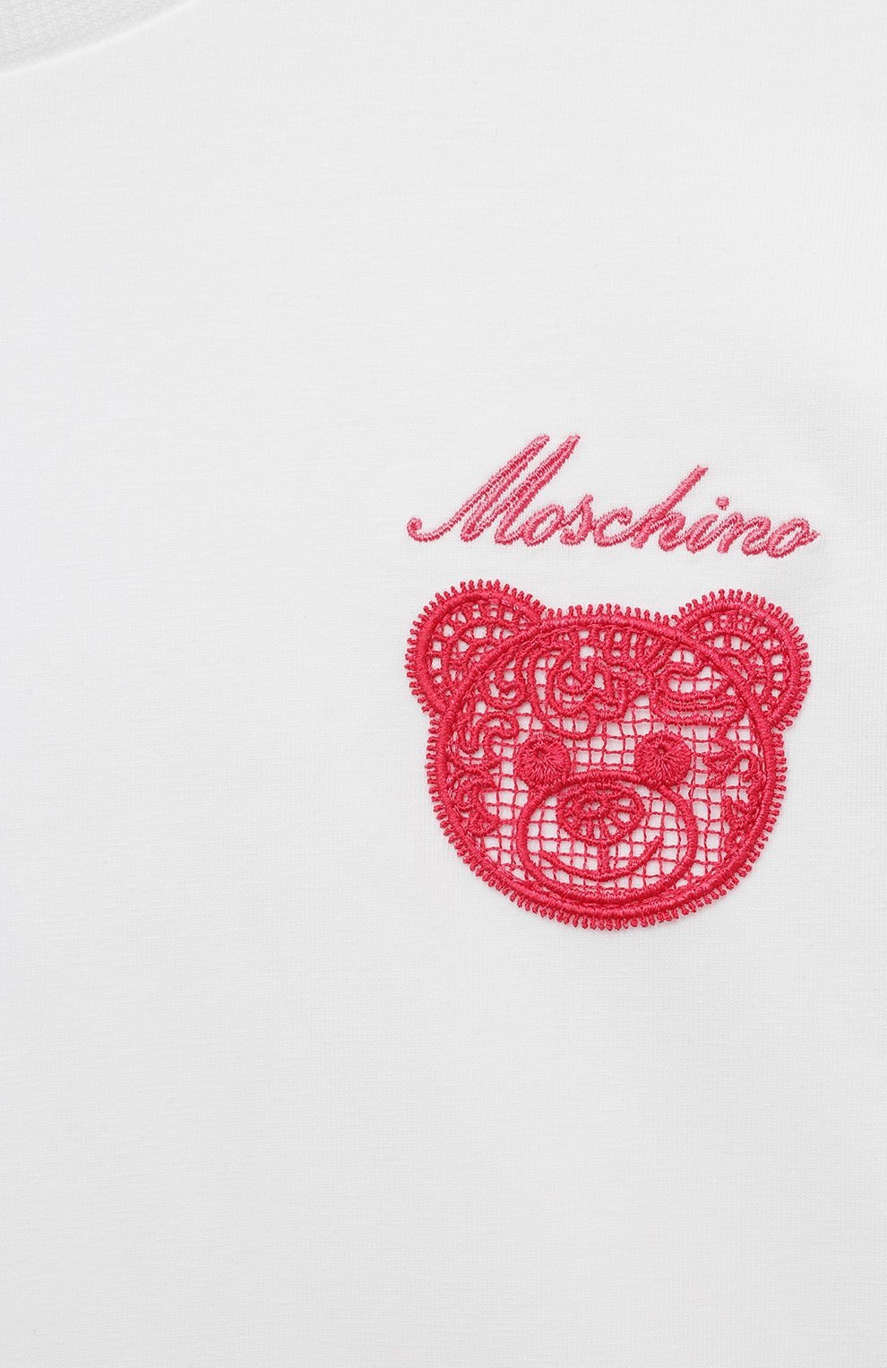 Детская укороченная футболка MOSCHINO белого цвета, арт. HDM04U/LBA00/4-8 | Фото 3 (Девочки Кросс-КТ: футболка-одежда; Рукава: Короткие; Материал внешний: Хлопок)