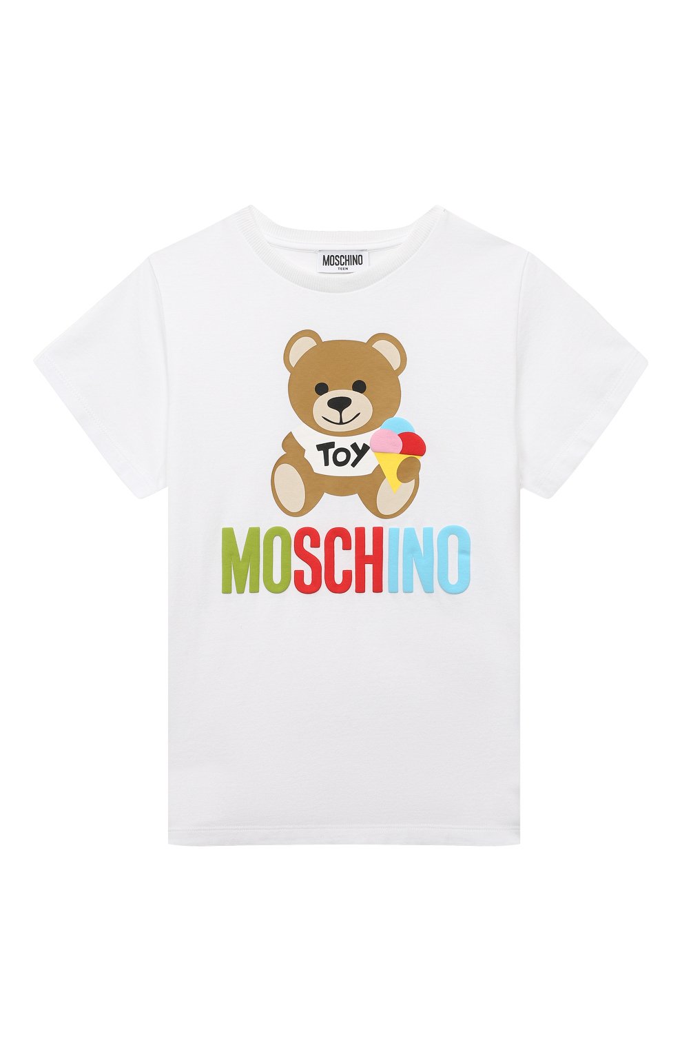 Детская хлопковая футболка MOSCHINO белого цвета, арт. HNM03T/LBA08/4-8 | Фото 1 (Девочки Кросс-КТ: футболка-одежда; Рукава: Короткие; Материал внешний: Хлопок)