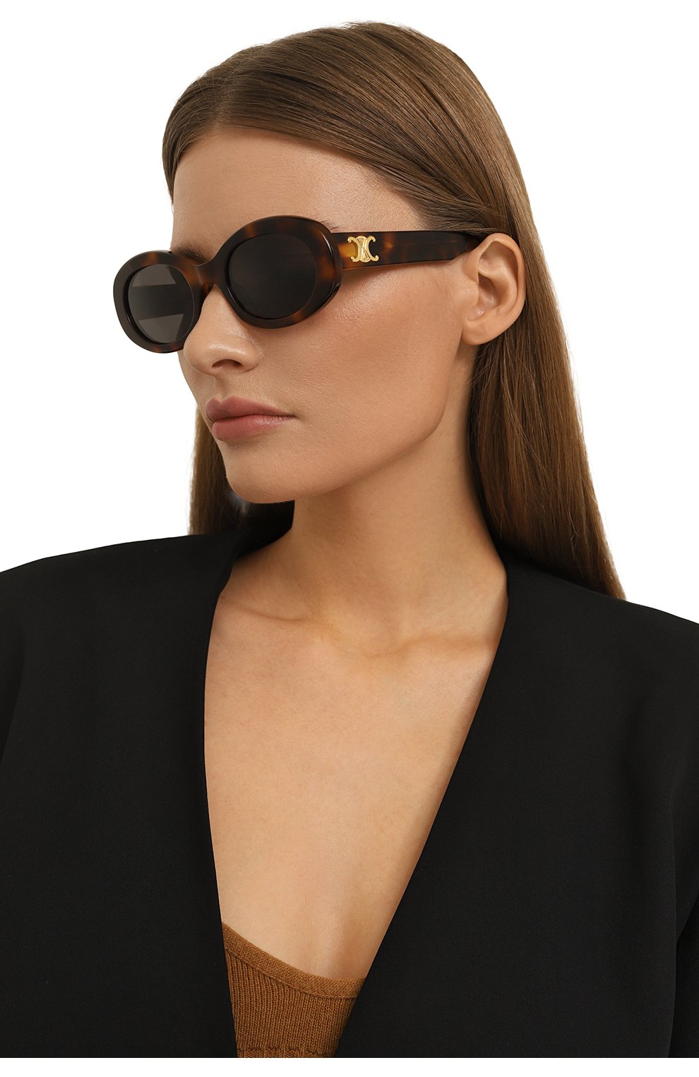 Женские солнцезащитные очки CELINE EYEWEAR темно-коричневого цвета, арт. CL40194U 53A | Фото 2 (Материал: Пластик; Тип очков: С/з; Оптика Гендер: оптика-женское; Очки форма: Овальные)