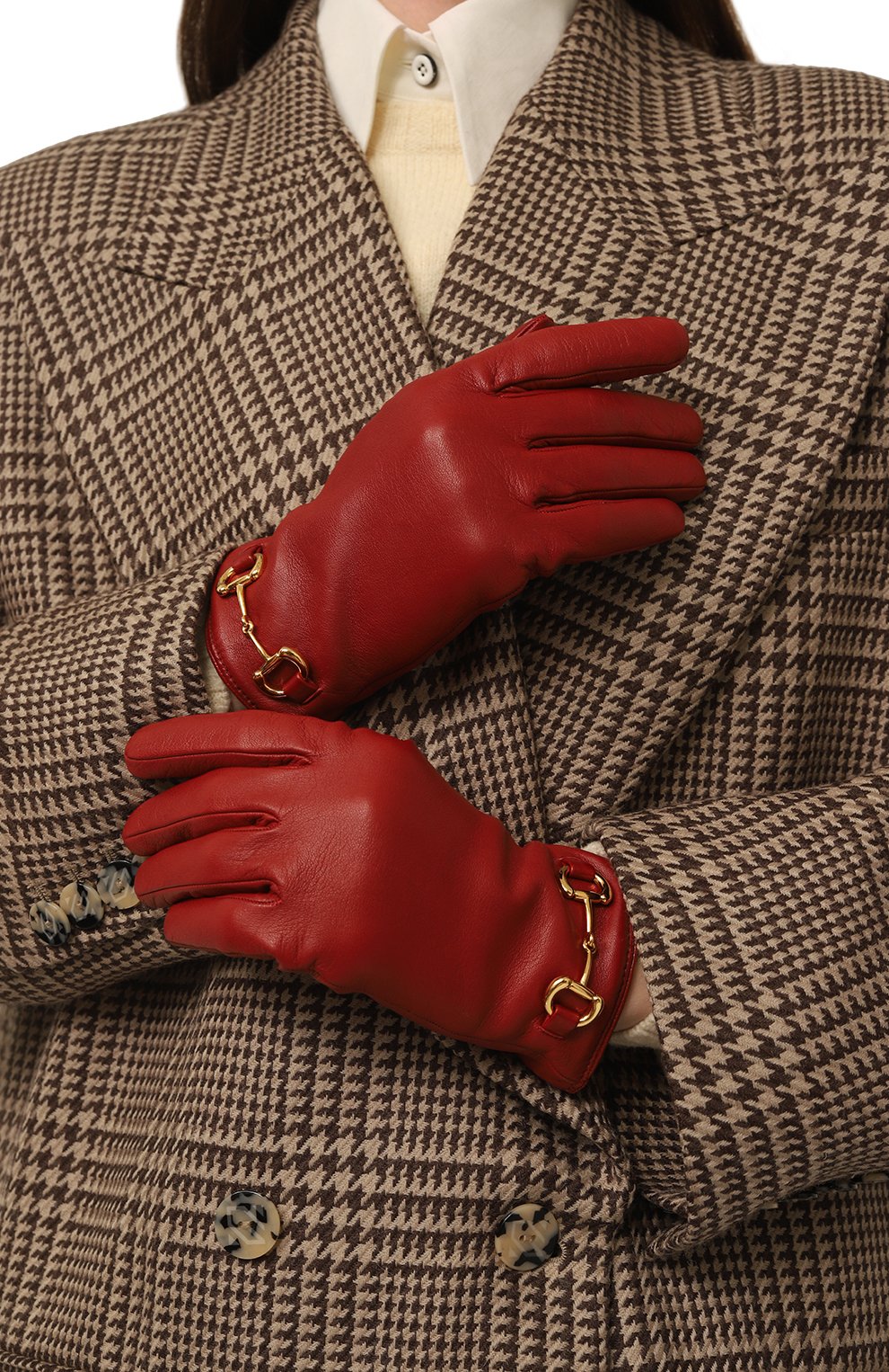 Женские кожаные перчатки horsebit GUCCI красного цвета, арт. 603635 BAP00 | Фото 2 (Материал: Натуральная кожа)