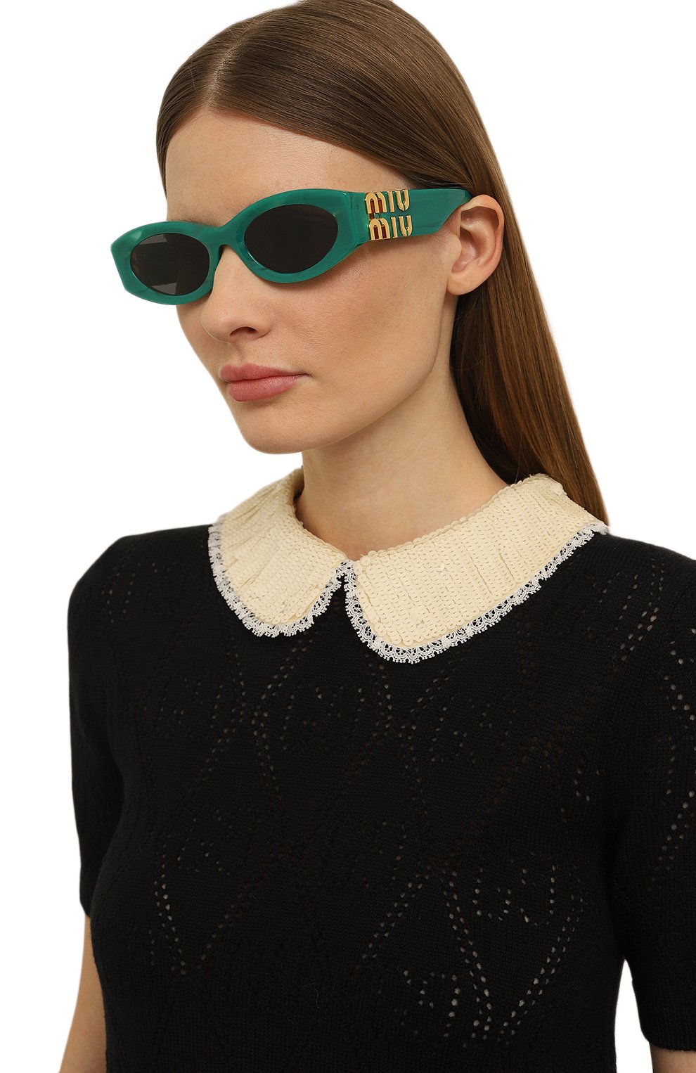 Женские солнцезащитные очки MIU MIU зеленого цвета, арт. 11WS-15H5S0 | Фото 2 (Материал: Пластик; Тип очков: С/з; Оптика Гендер: оптика-женское; Очки форма: Овальные)