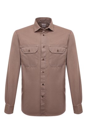 Мужская хлопковая рубашка BRUNELLO CUCINELLI коричневого цвета, арт. MW6040626 | Фото 1 (Материал внешний: Хлопок; Длина (для топов): Стандартные; Рукава: Длинные)