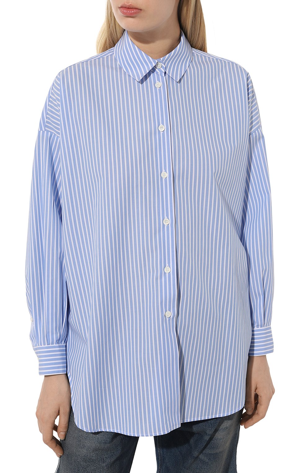 Женская хлопковая рубашка ACADEMIA голубого цвета, арт. GI0RGIA/1069 | Фото 3 (Рукава: Длинные; Принт: Полоска, С принтом; Женское Кросс-КТ: Рубашка-одежда; Длина (для топов): Удлиненные; Материал внешний: Хлопок; Стили: Кэжуэл)