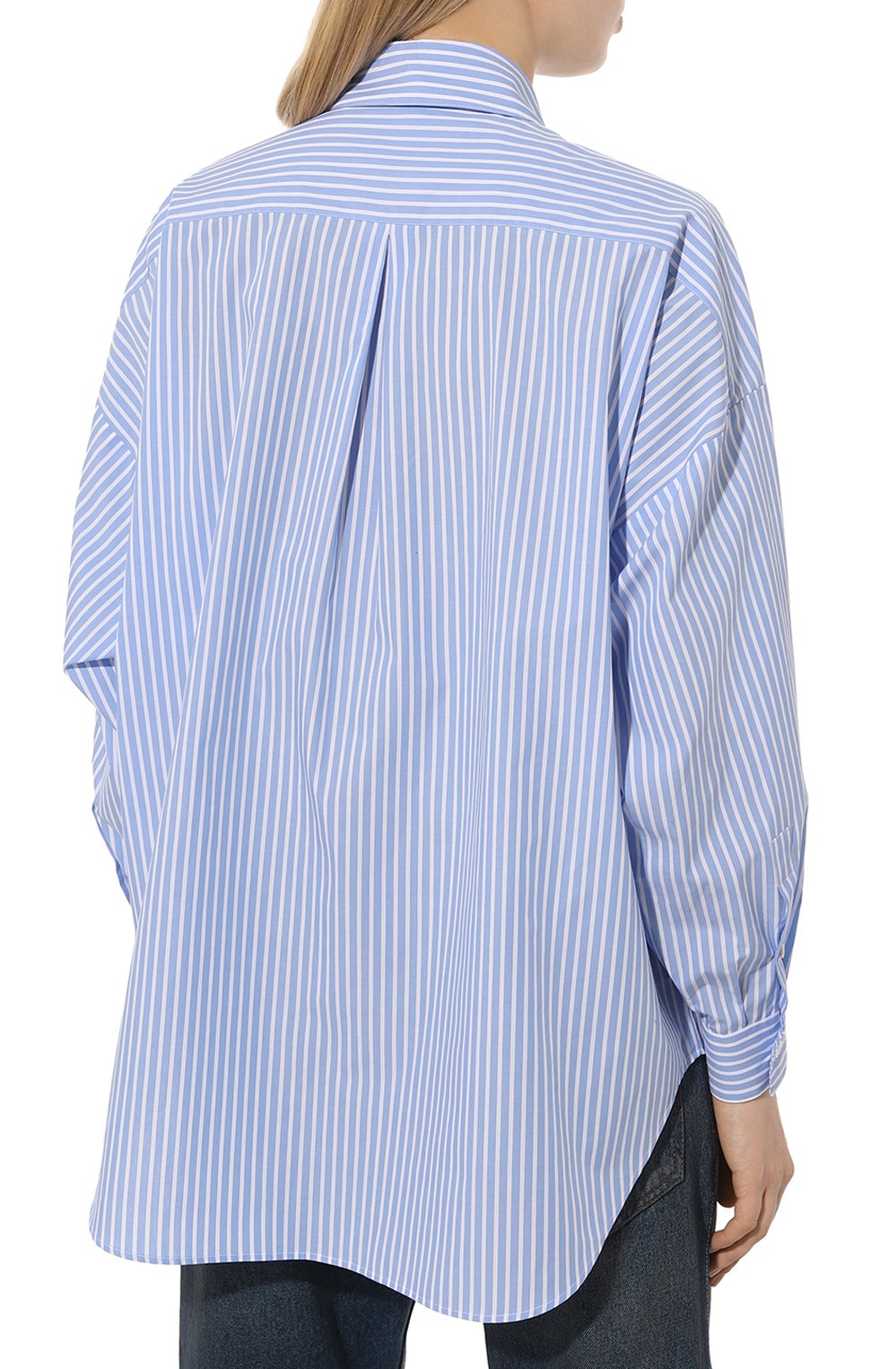 Женская хлопковая рубашка ACADEMIA голубого цвета, арт. GI0RGIA/1069 | Фото 4 (Рукава: Длинные; Принт: Полоска, С принтом; Женское Кросс-КТ: Рубашка-одежда; Длина (для топов): Удлиненные; Материал внешний: Хлопок; Стили: Кэжуэл)