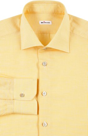 Мужская рубашка KITON желтого цвета, арт. UCID/H003622 | Фото 1 (Материал внешний: Лен, Хлопок; Длина (для топов): Стандартные, Удлиненные; Рукава: Длинные; Статус проверки: Проверена категория, Проверено; Принт: Клетка; Случай: Повседневный; Манжеты: На пуговицах; Воротник: Акула)