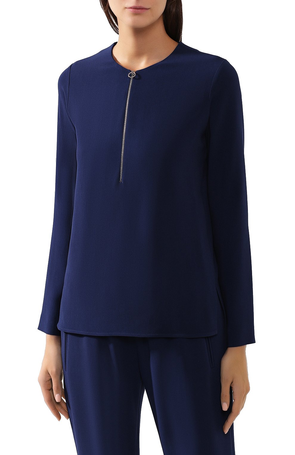 Женская блузка из вискозы STELLA MCCARTNEY темно-синего цвета, арт. 341360/SCA06 | Фото 3 (Рукава: Длинные; Принт: Без принта; Материал внешний: Синтетический материал, Вискоза; Длина (для топов): Стандартные; Женское Кросс-КТ: Блуза-одежда)