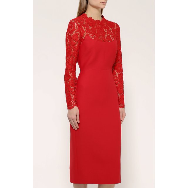 фото Приталенное платье с кружевным лифом и длинным рукавом valentino