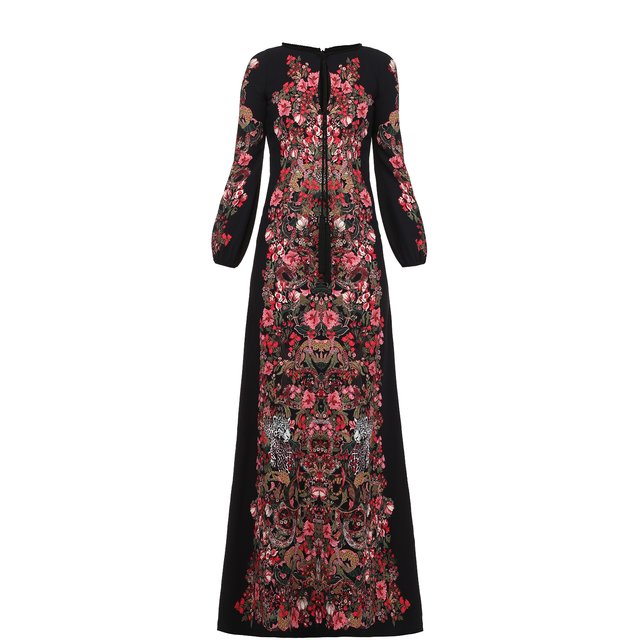 Приталенное платье в пол с ярким принтом и длинным рукавом Roberto Cavalli черного цвета