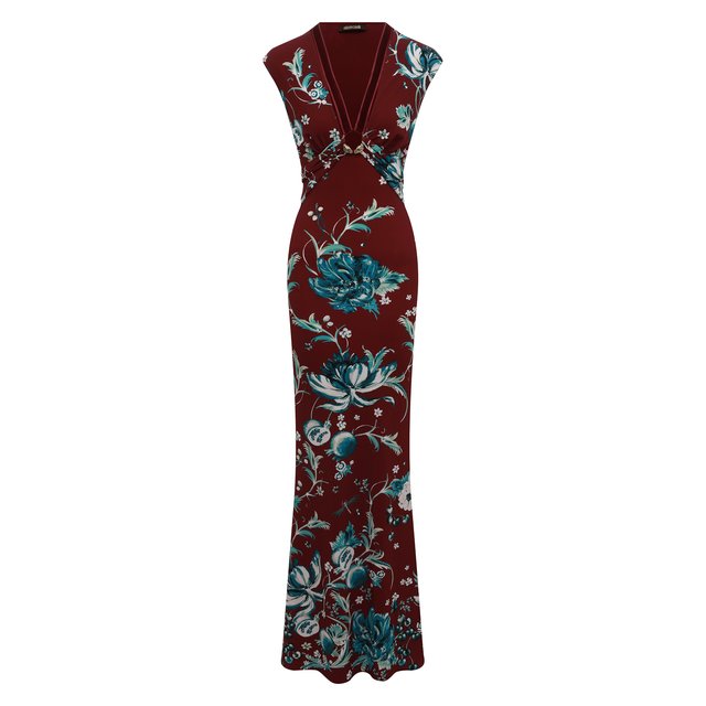 Приталенное платье-макси с контрастным принтом Roberto Cavalli бордового цвета