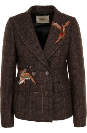 Женский темно-коричневый двубортный приталенный жакет с нашивками Mulberry, арт. MYPL151568/YL201520 купить в ЦУМ | Фото №1 Двубортный приталенный жакет с нашивками Mulberry темно-коричневый | Фото №1