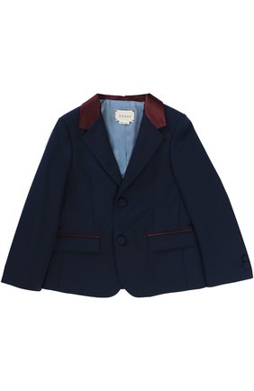 Детский однобортный пиджак с контрастной отделкой GUCCI синего цвета, арт. 479649/XBC37 | Фото 1 (Статус проверки: Проверена категория)