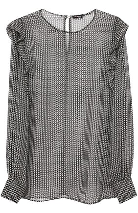Женская шелковая полупрозрачная блуза с оборками KITON черно-белого цвета, арт. D44405K05P49 | Фото 1 (Материал внешний: Шелк; Длина (для топов): Стандартные; Рукава: Длинные; Женское Кросс-КТ: Блуза-одежда; Принт: С принтом)