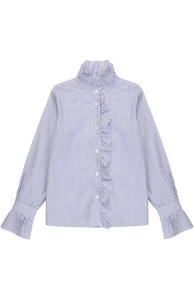 Детское хлопковая блуза в полоску с оборками DAL LAGO синего цвета, арт. R493/8224/7-12 | Фото 1 (Материал внешний: Хлопок; Рукава: Длинные; Статус проверки: Проверено, Проверена категория; Стили: Классический)