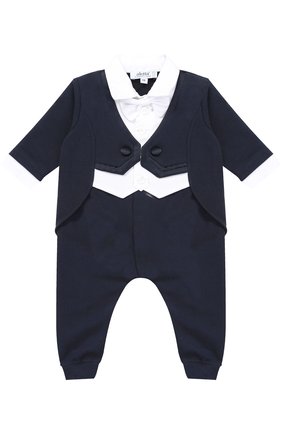 Детский хлопковая пижама с контрастной отделкой и декоративным галстуком-бабочкой ALETTA синего цвета, арт. RM777017FL/1M-18M | Фото 1 (Материал внешний: Хлопок; Статус проверки: Проверено, Проверена категория; Рукава: Короткие)