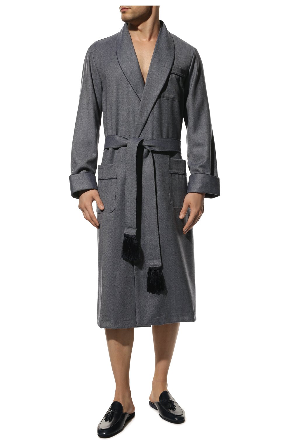Мужской шерстяной халат DEREK ROSE темно-синего цвета, арт. 5515-LINC011 | Фото 2 (Материал внешний: Шерсть; Рукава: Длинные; Длина (верхняя одежда): Длинные)