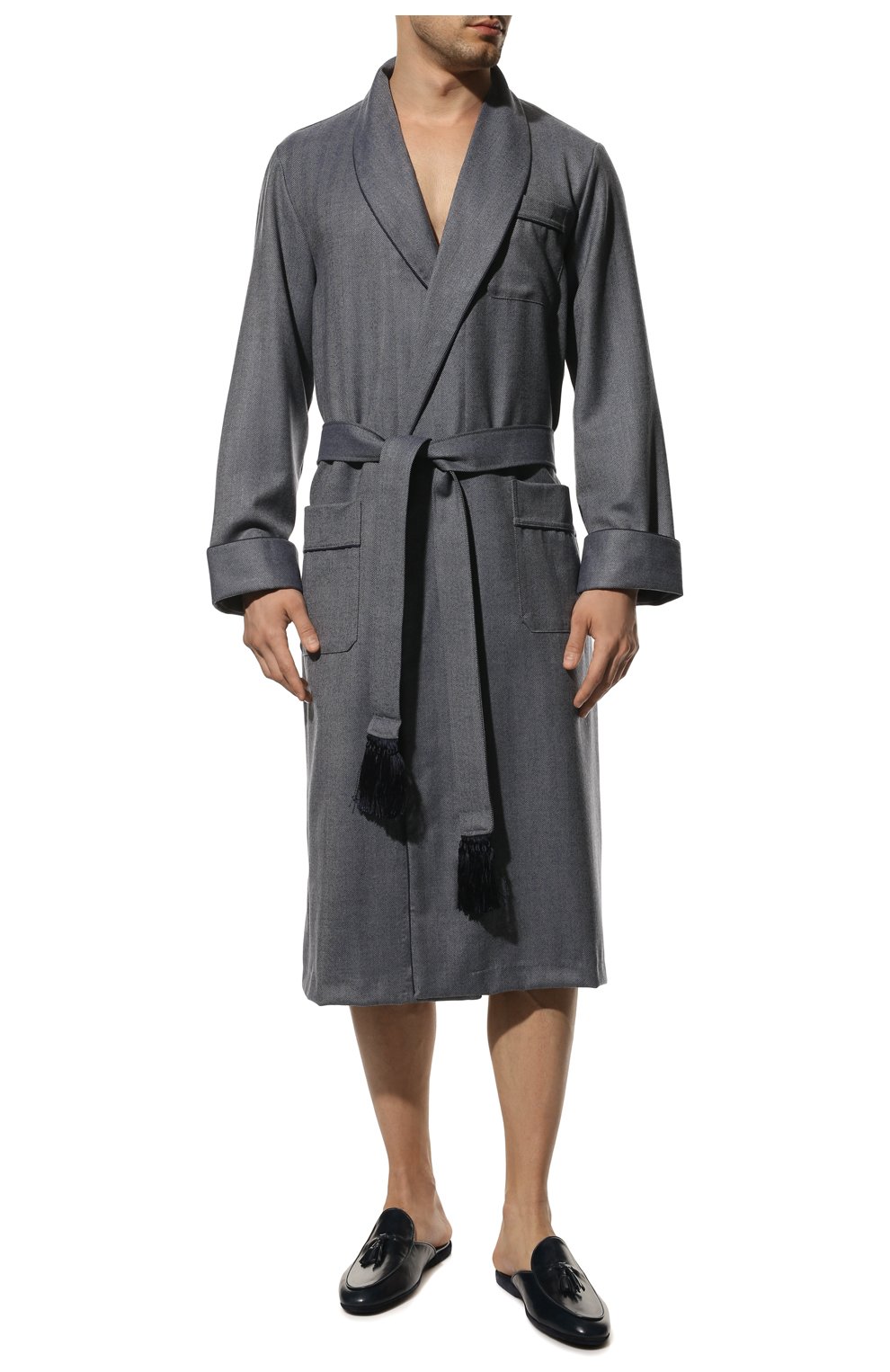 Мужской шерстяной халат DEREK ROSE темно-синего цвета, арт. 5515-LINC011 | Фото 3 (Материал внешний: Шерсть; Рукава: Длинные; Длина (верхняя одежда): Длинные)