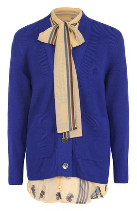 Женский синий шерстяной кардиган с v-образным вырезом Sacai, арт. 17-03355 купить в ЦУМ | Фото №1 Шерстяной кардиган с V-образным вырезом Sacai синий | Фото №1