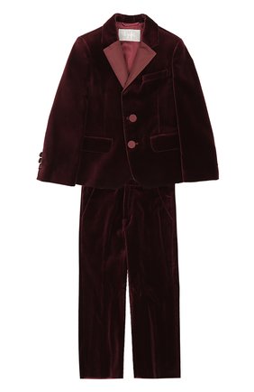 Детский хлопковый костюм с однобортным пиджаком IL GUFO бордового цвета, арт. A17TX002V0001/5A-8A | Фото 1 (Материал внешний: Хлопок; Рукава: Длинные; Статус проверки: Проверено; Материал подклада: Вискоза; Кросс-КТ: костюм)