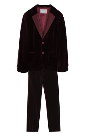 Детский бархатный костюм с пиджаком на двух пуговицах IL GUFO бордового цвета, арт. A17TX002V0001/10A-12A | Фото 1 (Статус проверки: Проверено; Материал подклада: Вискоза; Материал внешний: Хлопок; Рукава: Длинные; Кросс-КТ: костюм)