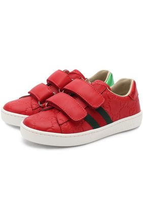 Детские кожаные кеды с тиснением и застежками велькро GUCCI красного цвета по цене 21000 руб., арт. 455448/DF720 | Фото 1 Детские кожаные кеды с тиснением и застежками велькро GUCCI красного цвета, арт. 455448/DF720 | Фото 1