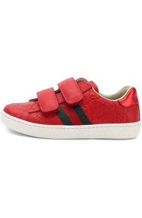 Детские кожаные кеды с тиснением и застежками велькро GUCCI красного цвета по цене 21000 руб., арт. 455448/DF720 | Фото 2 Детские кожаные кеды с тиснением и застежками велькро GUCCI красного цвета, арт. 455448/DF720 | Фото 2