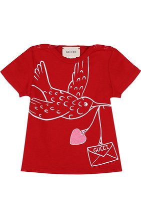 Детский хлопковая футболка с принтом GUCCI красного цвета, арт. 478351/X3G80 | Фото 1 (Статус проверки: Проверена категория, Проверено; Ростовка одежда: 24 мес | 92 см, 36 мес | 98 см)