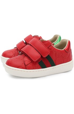 Детские кожаные кеды с тиснением и застежками велькро GUCCI красного цвета по цене 19300 руб., арт. 455447/DF720 | Фото 1 Детские кожаные кеды с тиснением и застежками велькро GUCCI красного цвета, арт. 455447/DF720 | Фото 1