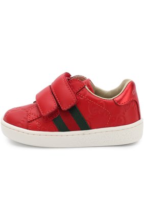 Детские кожаные кеды с тиснением и застежками велькро GUCCI красного цвета по цене 19300 руб., арт. 455447/DF720 | Фото 2 Детские кожаные кеды с тиснением и застежками велькро GUCCI красного цвета, арт. 455447/DF720 | Фото 2