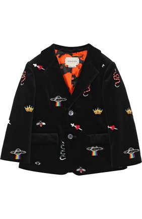 Детский бархатный пиджак с вышивкой GUCCI черного цвета, арт. 475398/XBB63 | Фото 1 (Статус проверки: Проверена категория)
