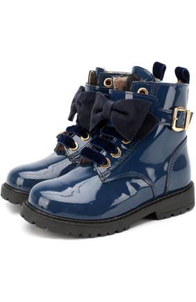 Детские лаковые ботинки с бантом MONNALISA темно-синего цвета, арт. 8C0015M | Фото 1 (Материал внешний: Текстиль; Статус проверки: Проверено, Проверена категория)