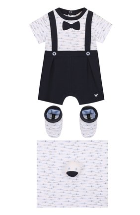 Детское хлопковый комплект из песочника с пинетками и полотенца ARMANI JUNIOR голубого цвета по цене 12450 руб., арт. 3ZHV16/4JFKZ | Фото 1 Детское хлопковый комплект из песочника с пинетками и полотенца ARMANI JUNIOR голубого цвета, арт. 3ZHV16/4JFKZ | Фото 1
