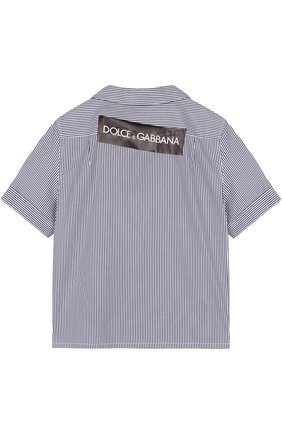 Детская хлопковая рубашка в полоску с логотипом бренда DOLCE & GABBANA синего цвета, арт. L42S43/FR5QP/8-14 | Фото 2 (Рукава: Короткие; Материал внешний: Хлопок; Статус проверки: Проверена категория; Принт: С принтом; Случай: Повседневный)