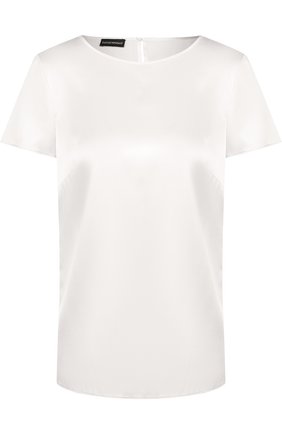 Женская однотонный шелковый топ с коротким рукавом EMPORIO ARMANI белого цвета по цене 26300 руб., арт. 0NC05T/0M301 | Фото 1 Женская однотонный шелковый топ с коротким рукавом EMPORIO ARMANI белого цвета, арт. 0NC05T/0M301 | Фото 1