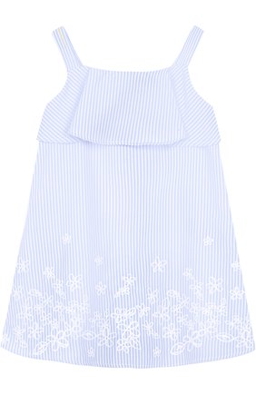 Детское мини-сарафан с вышивкой и оборкой на тонких бретельках ARMANI JUNIOR голубого цвета по цене 18650 руб., арт. 3Z3A94/3N28Z/4A-10A | Фото 1 Детское мини-сарафан с вышивкой и оборкой на тонких бретельках ARMANI JUNIOR голубого цвета, арт. 3Z3A94/3N28Z/4A-10A | Фото 1 (Материал внешний: Хлопок, Синтетический материал, Полиэстер; Материал подклада: Хлопок; Статус проверки: Проверено, Проверена категория; Рукава: Без рукавов, Короткие; Девочки Кросс-КТ: Сарафан-одежда)