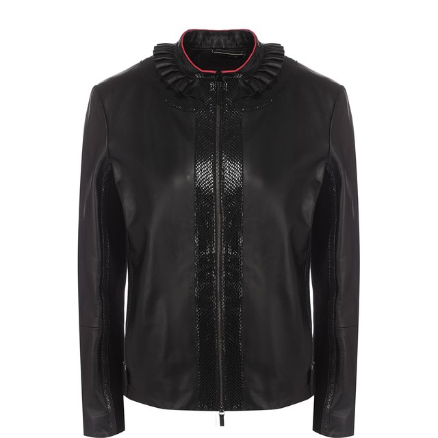 Приталенная кожаная куртка с воротником-стойкой Giorgio Armani черного цвета