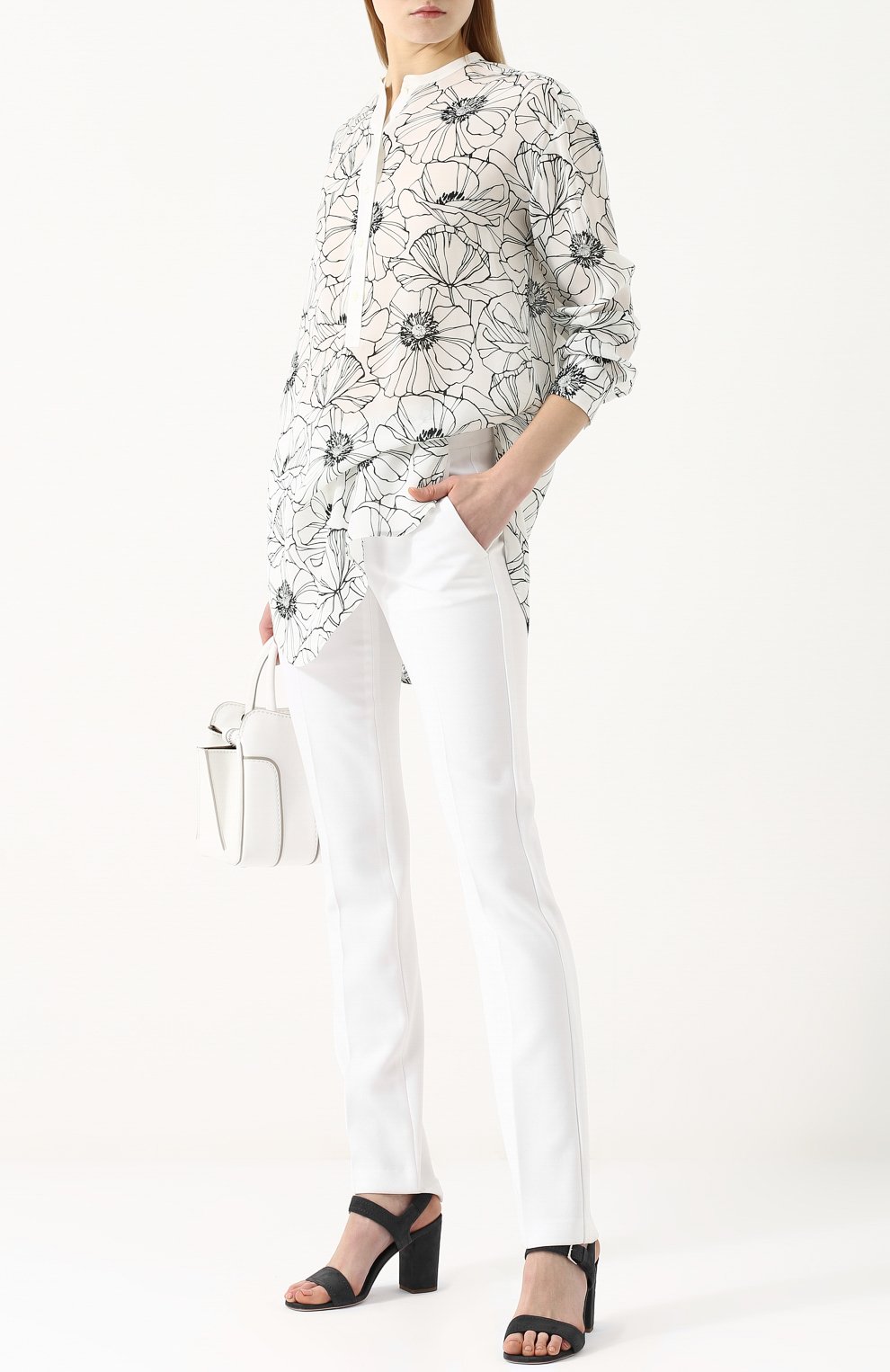 Женская удлиненная шелковая блуза с принтом LORO PIANA белого цвета, арт. FAI1478 | Фото 2 (Материал внешний: Шелк; Рукава: Длинные; Принт: С принтом; Длина (для топов): Удлиненные; Женское Кросс-КТ: Блуза-одежда; Стили: Кэжуэл)