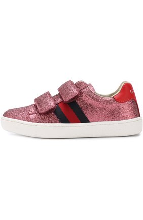 Детские кеды из металлизированной кожи с застежками велькро GUCCI розового цвета по цене 19300 руб., арт. 463090/KUSU0 | Фото 2 Детские кеды из металлизированной кожи с застежками велькро GUCCI розового цвета, арт. 463090/KUSU0 | Фото 2