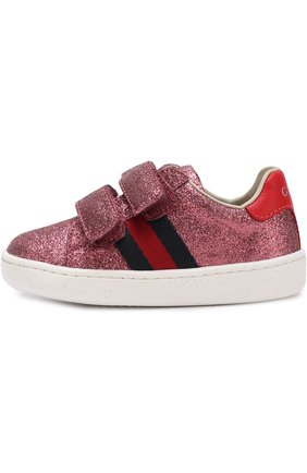 Детские кожаные кеды с застежками велькро и глиттером GUCCI розового цвета по цене 17600 руб., арт. 463088/KUSU0 | Фото 2 Детские кожаные кеды с застежками велькро и глиттером GUCCI розового цвета, арт. 463088/KUSU0 | Фото 2